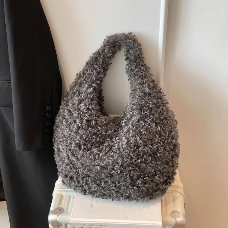 Fluffy Curly Plush Hobo Bag Winter Soft Faux Fur Handbag Women's Solid Color Casual Daily Shoulder Bag Elegant Underarm Bag