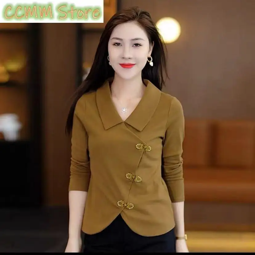 2023 Chinese Style Autumn Long Sleeve T-shirt Women Solid Polo Neck Irregular Button Fashion Simple Ladies Temperament Top