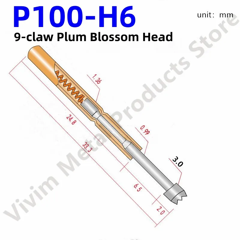 100PCS P100-H6 33.35mm 9-claw Plum Blossom Head Dia 3.0mm Needle Spring Test Probe P100-H Dia 1.36mm Circuit Board Test Tool