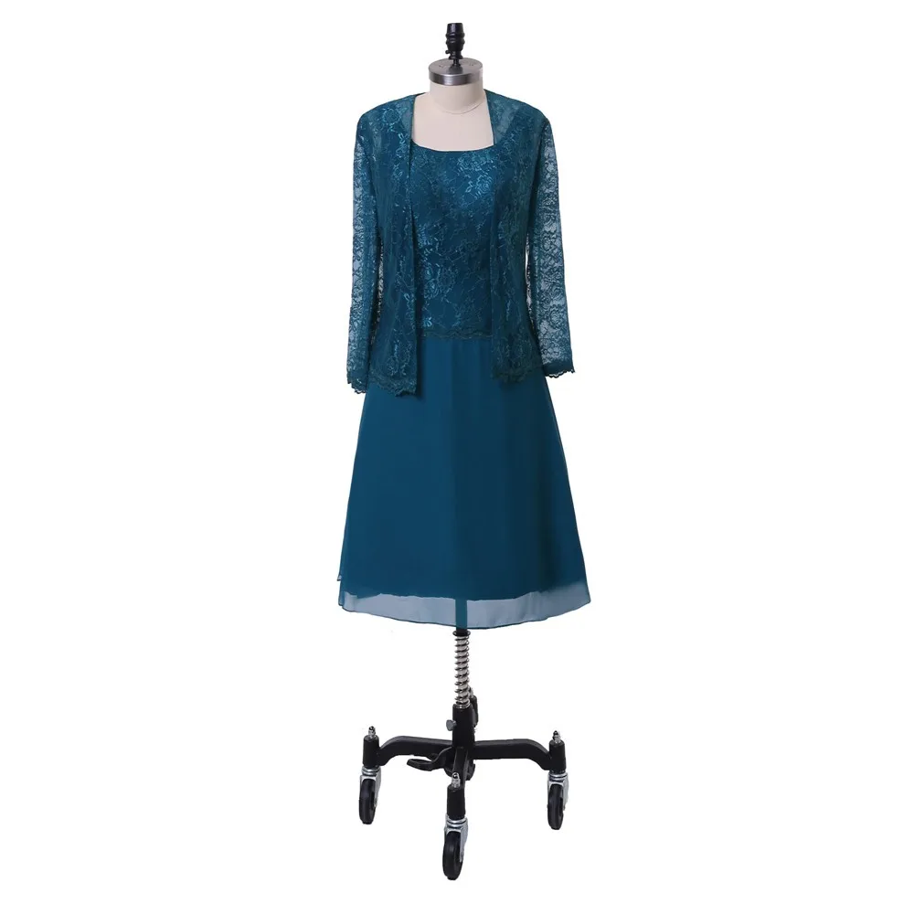 Teal Blau Mutter Der Braut Kleider A-linie Tee Länge Chiffon Spitze Mit Jacke Kurze Bräutigam Mutter Kleider Für Hochzeit