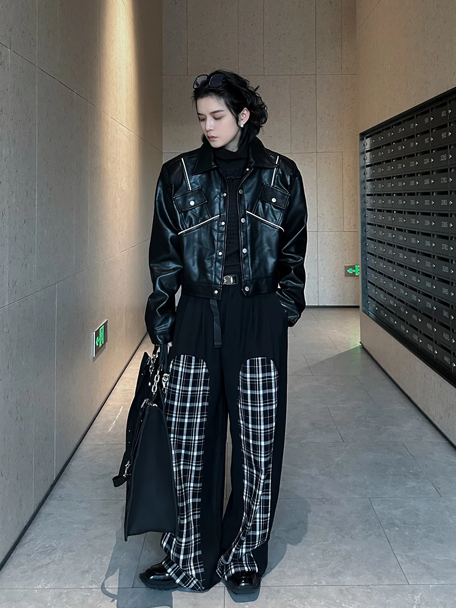 2025 Spring Autumn Line Design American Style Coats Male Contrast Color Faux Leather Jackets Casual Motorcycle Leather Jacket