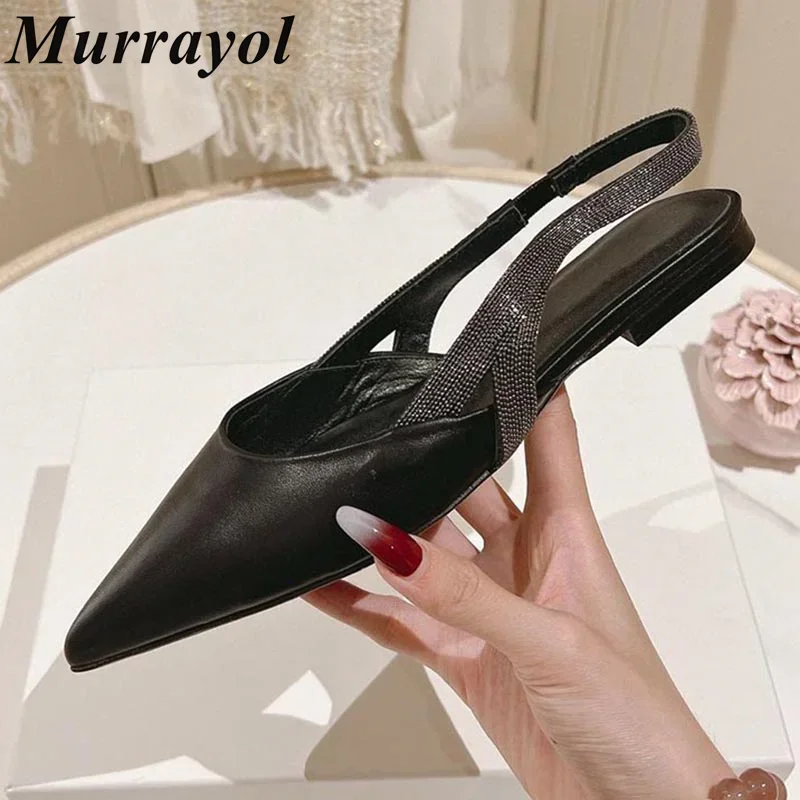 Sandalias Mujer Pointed Toe Genuine Leather Flat Sandals Women Shallow Mouth String Bead Decor Back Strap Summer Dress Shoes