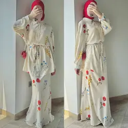 Muslim Suit Women Flower Print Shirt Skirt 2 Piece Set Ramadan Jalabiya Morocco Dubai Islam Lace Up Top Outfits Ensemble Abayas