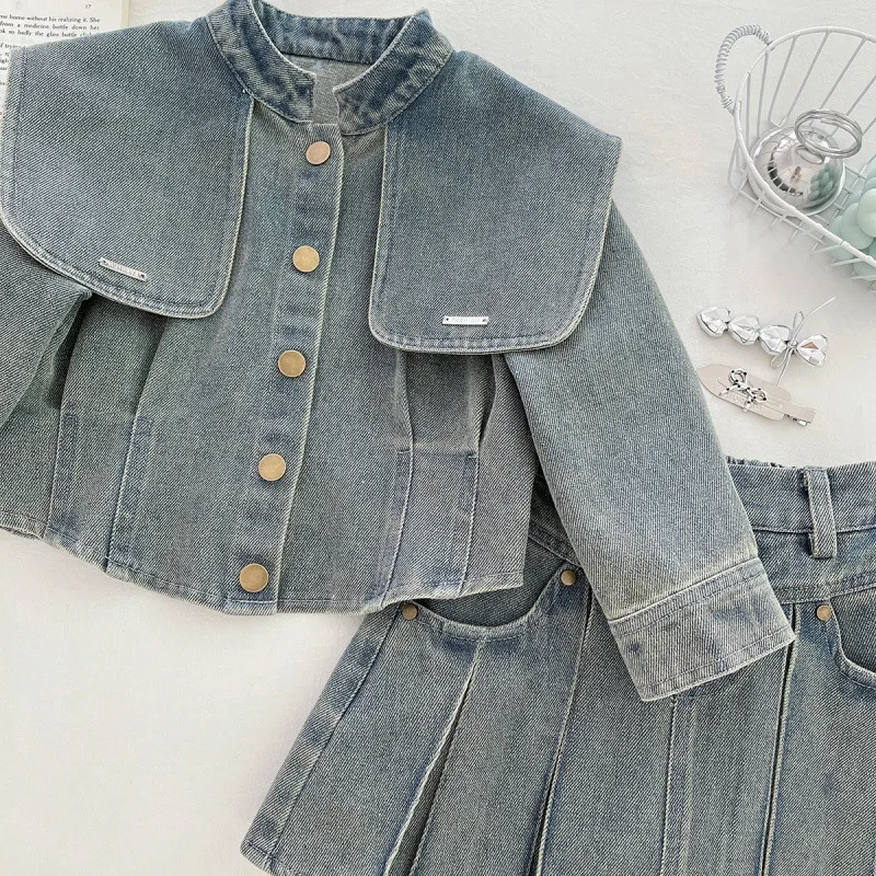 

Children's Outfit New Autumn Girls Fashionable Stylish Turn-Down Collar Denim Jacket Skirt Sweet Two-Piece Set