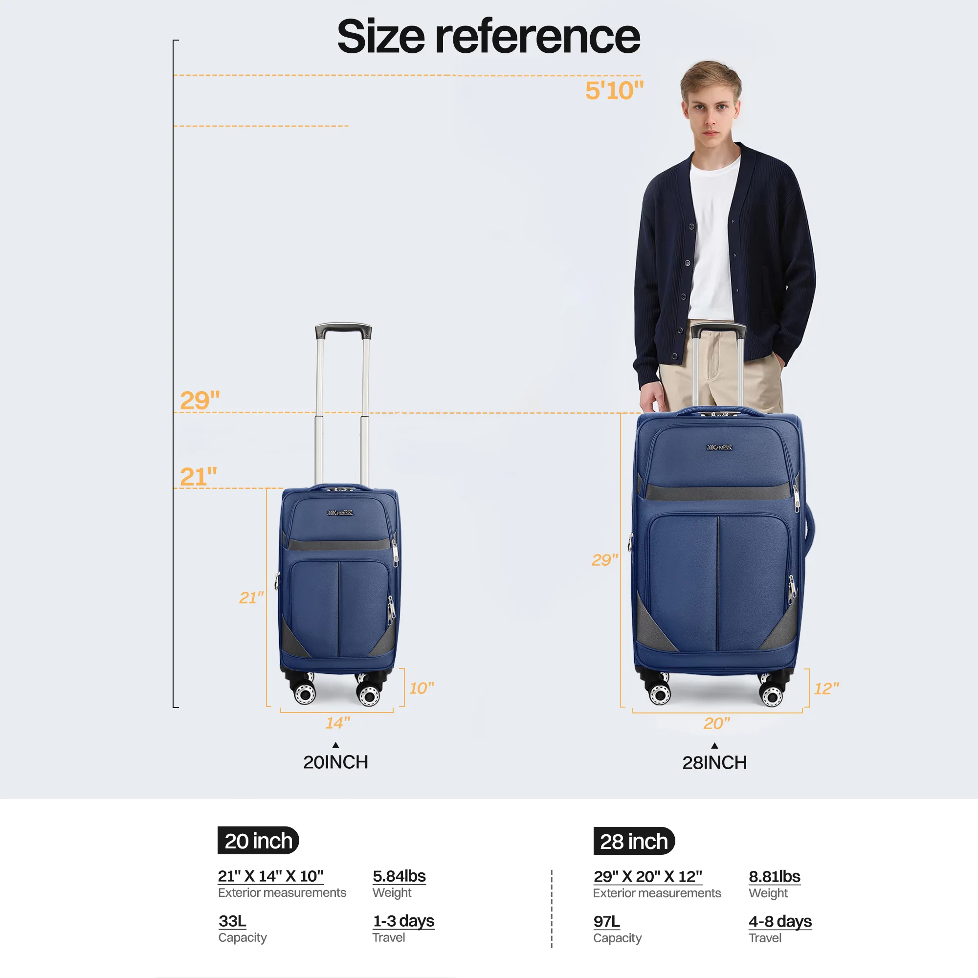 Expandable Luggage Set 2 Piece Softshell Suitcase 20inch Carry-on Luggage & 28inch Checked Luggage for Travel or Business