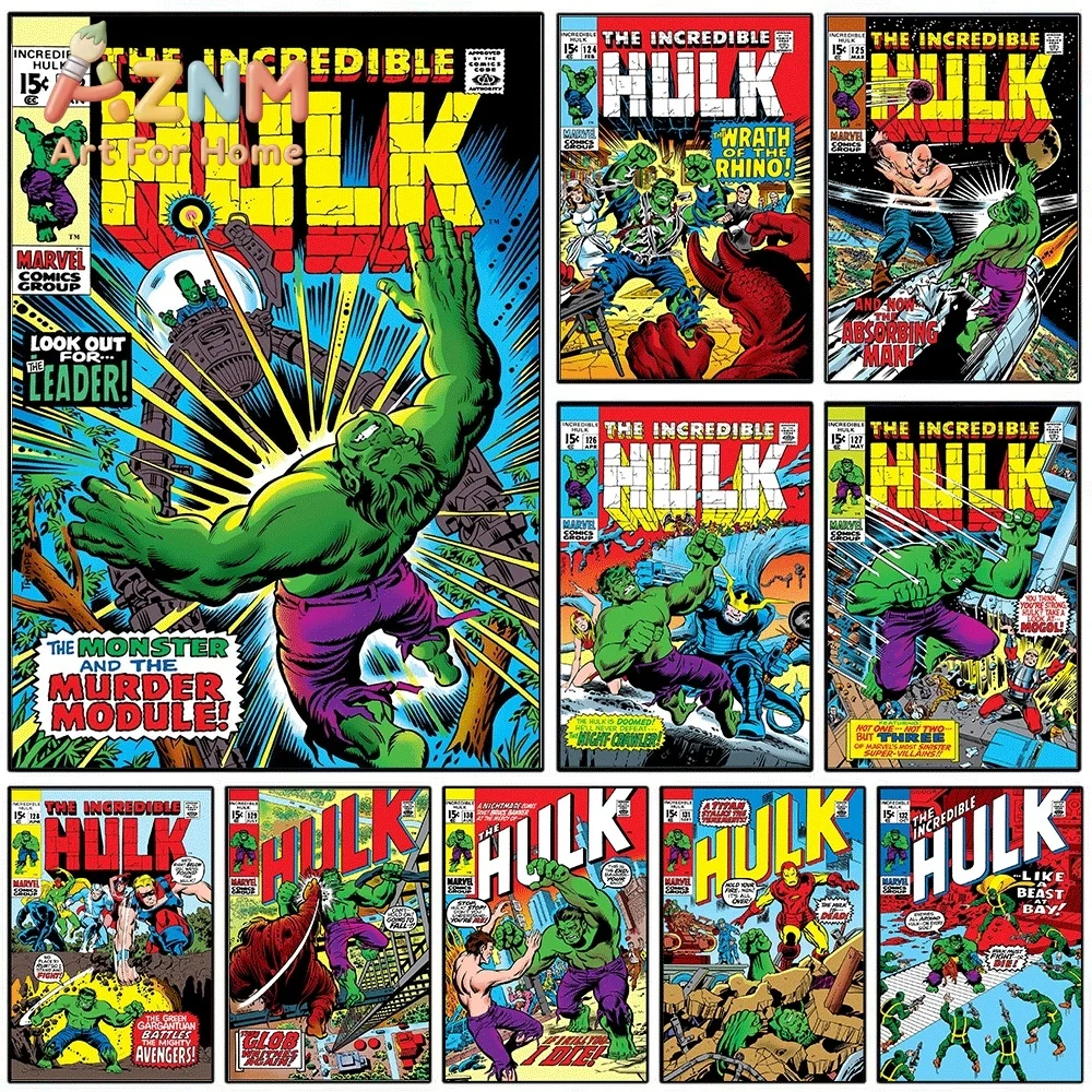 AZNM The Incredible Hulk The Monster And The Murder Module Vintage Comic Collage Canvas Wall Art Unframed Print, Superhero Pos