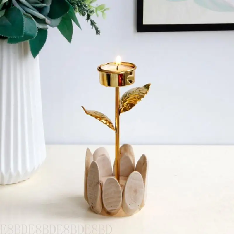 

E8BD Elegant Flower Shape Wood Candlestick Metal Tealight Candle Holder Stand for Wedding Table Centerpieces and Home Decors