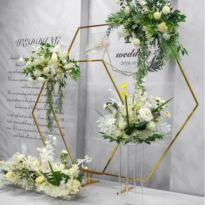 Glänzender goldener sechseckiger Bogen für den Außenbereich, Rasen-Blumenständer, Eisenrahmen, Hochzeits- und Party-Hintergrundrequisiten, Werbetafel, Ballons, Kulisse – Detail 12