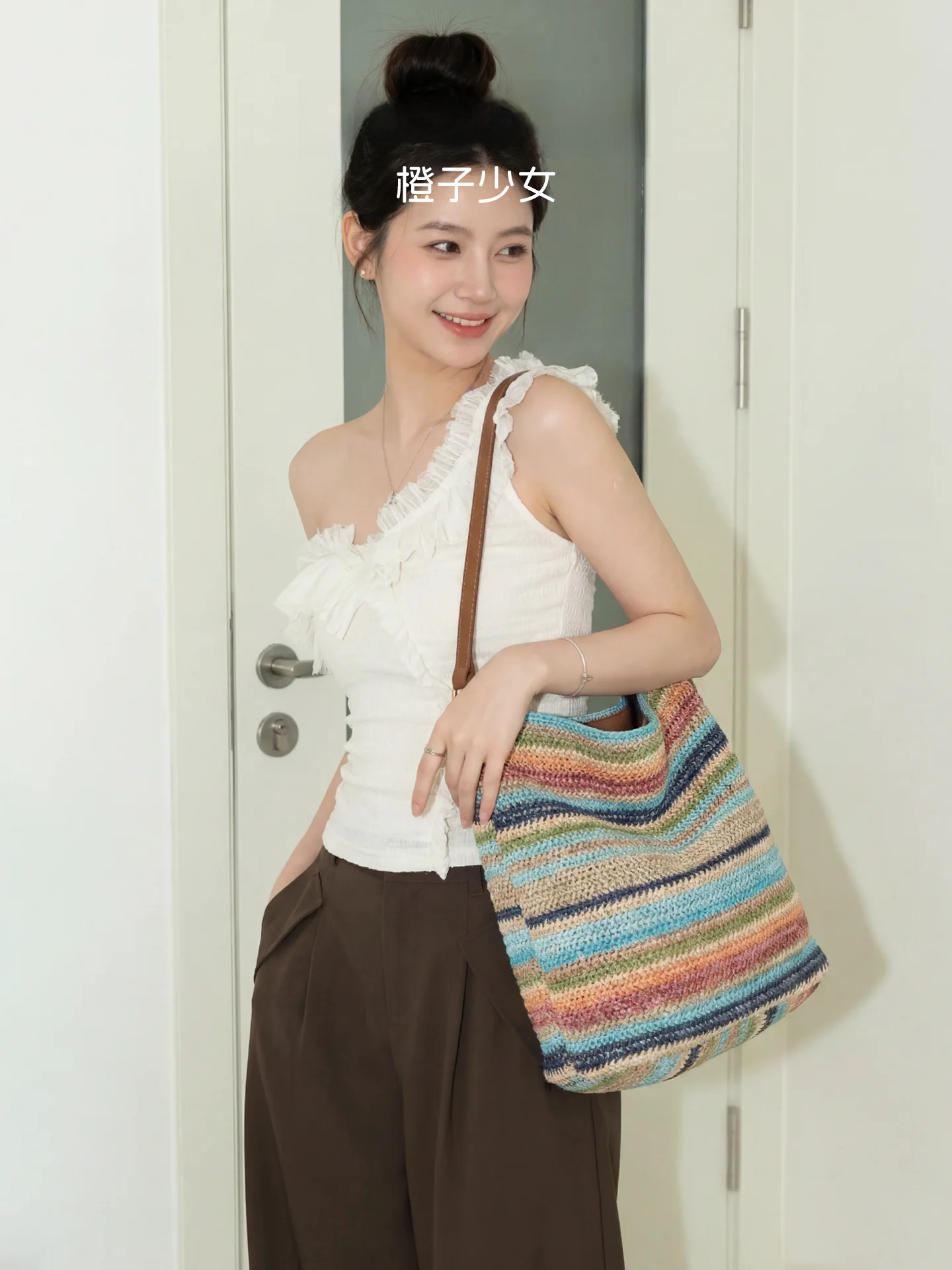 Large Capacity Straw Woven Bucket Bag Women's Single Shoulder Holiday Style Rainbow Casual Tote Bag by Orange Girl