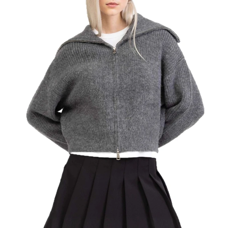 Nowy sweter rozpinany na zamek w stylu europejskim i amerykańskim z dużym kołnierzem, dzianinowa kurtka.