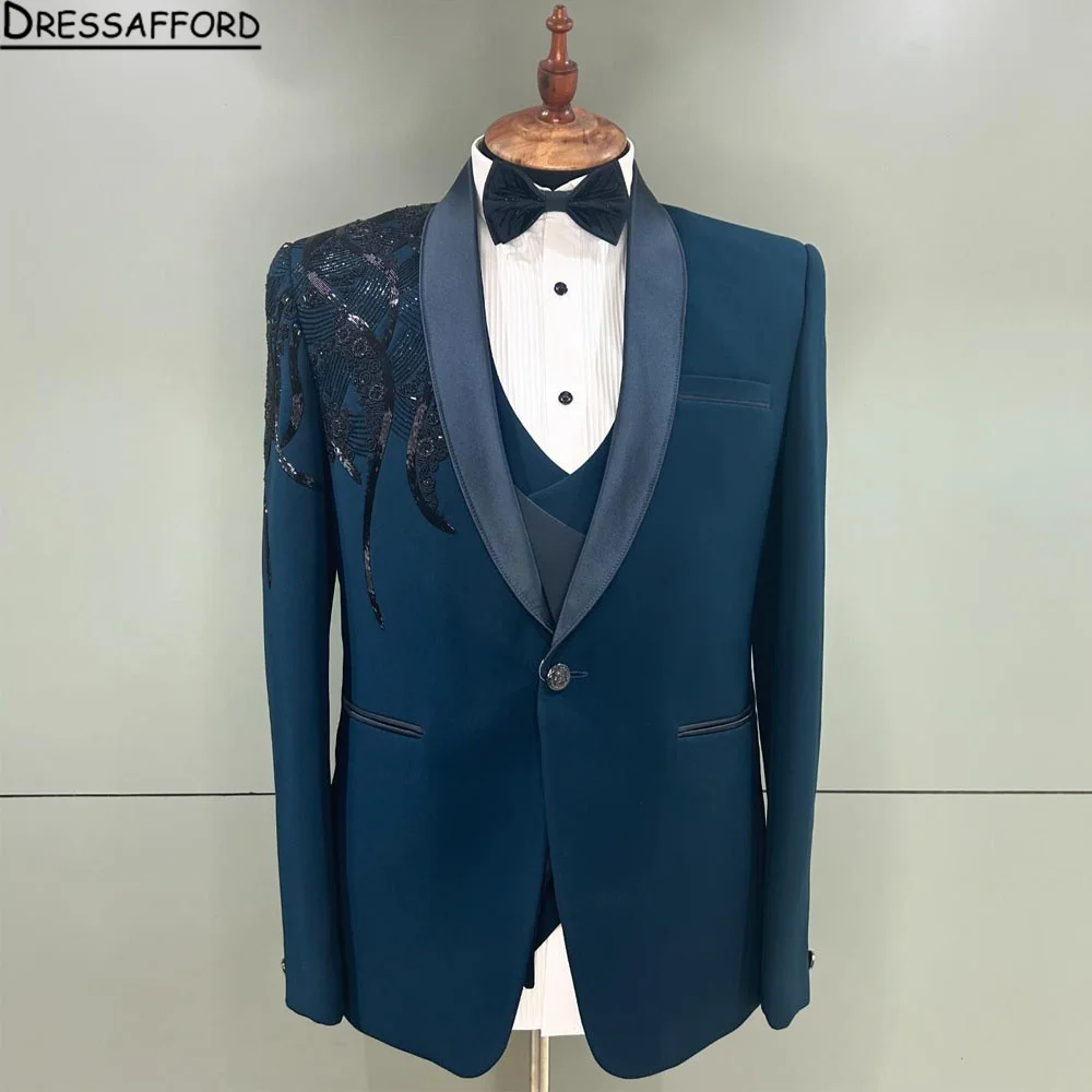 Blazers Crystal Beading Men Suits Fashion Banquet 2 Piece Business Jacket Pants Trousers