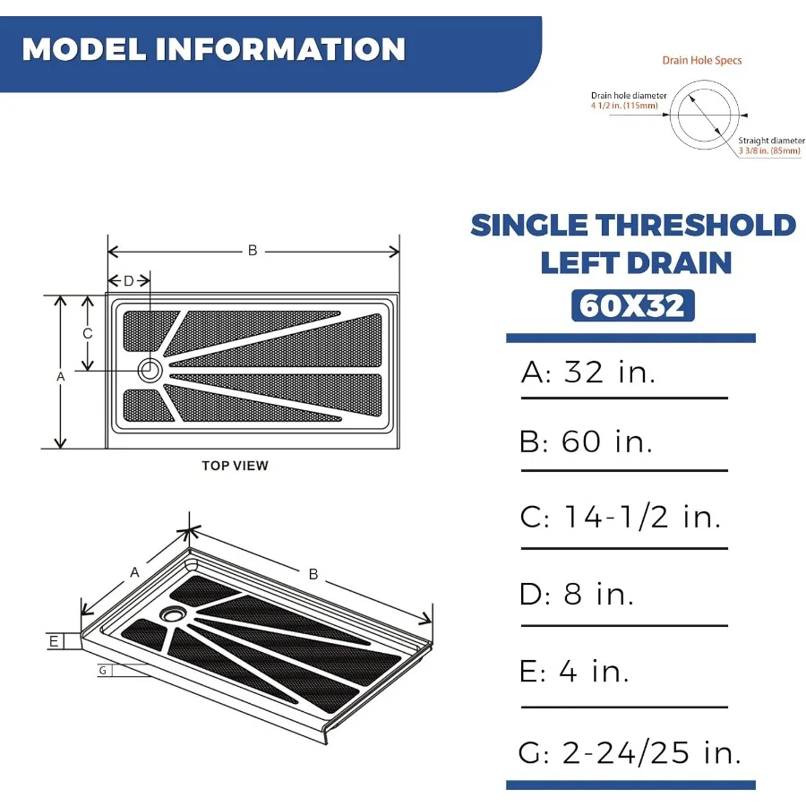 60x32 Left Drain Shower Base Single Threshold Shower Pan with Slip Resistant Textured Surface Shower Bases Pans Home Improvement