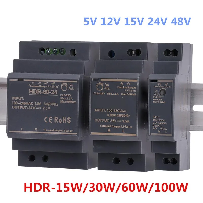 HDR Series 15W 30W 60W 100W AC-DC 5V 12V 15V 24V 48V Ultra Slim Step Shape DIN Rail Switching Power Supply HDR-15W/30W/60W/100W