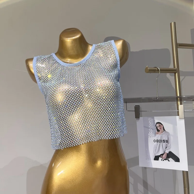 2023 Summer Mesh Crystal Sexy Short Panel Tank Colorful Diamond Inner Party Shiny Sexy Waistless Top