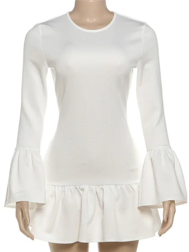 Fashion Ruffled Bell-Sleeves Mini Dress For Women Round Neck Solid Slim Charm Party Dress 2025 New Women's Bodycon Dress