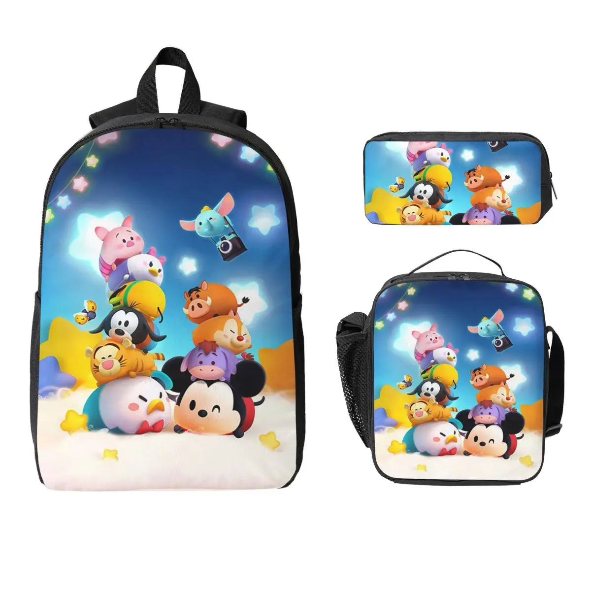 

Рюкзак Tsum Tsum, студенческий рюкзак для мальчиков и девочек, школьная сумка, компьютерные сумки на плечо, 3 шт., изолированная сумка для обеда, пенал