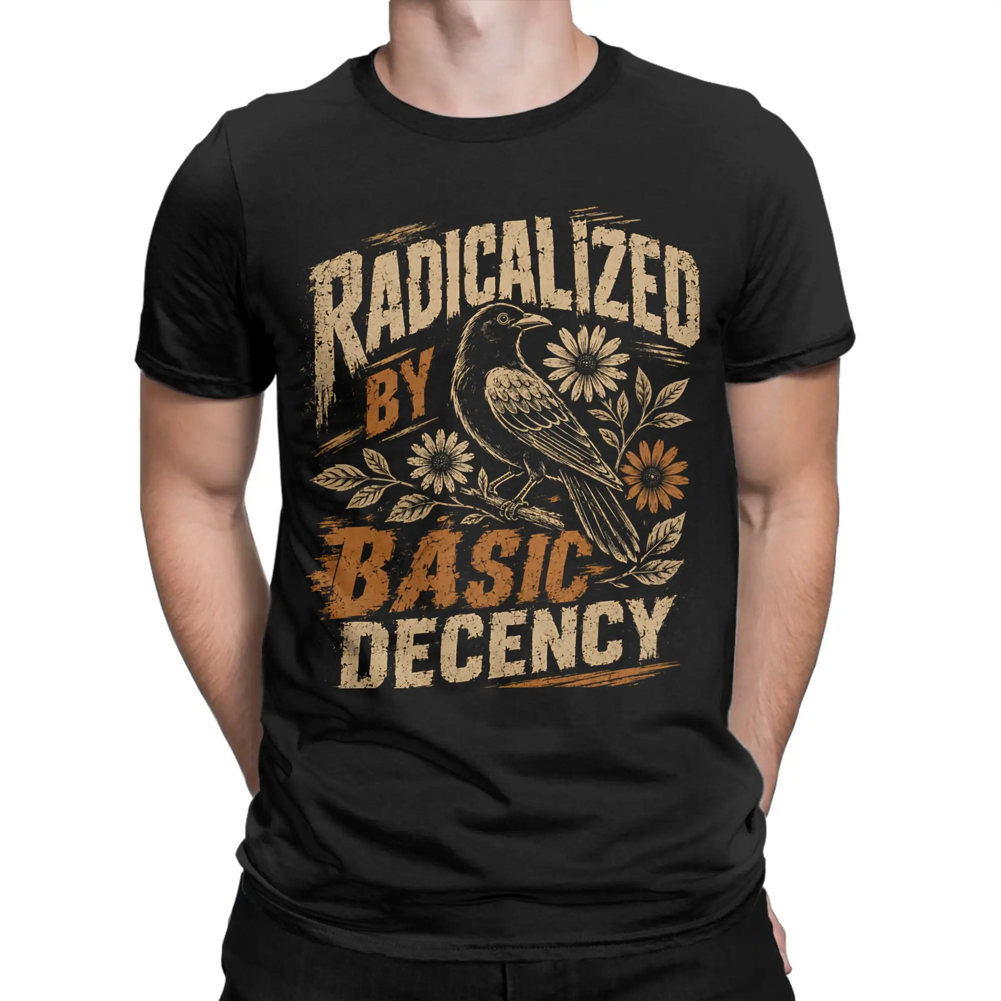 Print Radicalized by Basic Decency Funny Social Democracy T-Shirt Men's Round Neck Short Sleeve Clothes  Cotton Summer Top Tee