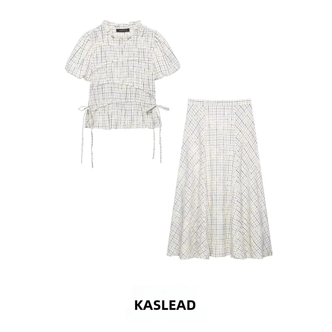 

KASLEAD New Women's Faion Embroidered ort Sve Top And f Skirt Spring 2026 Spring Season Plaid Pattern