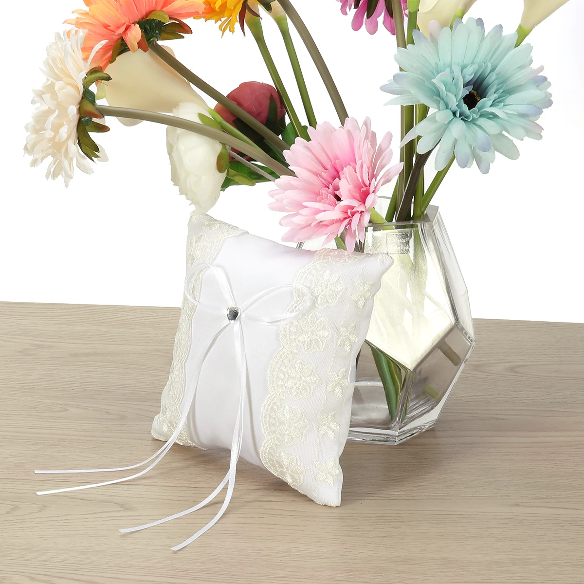 

15x15cm Wedding Pillow White Satin Ribbon Lace Floral Bearer Ceremony Decoration Perfect For Bride Groom Party