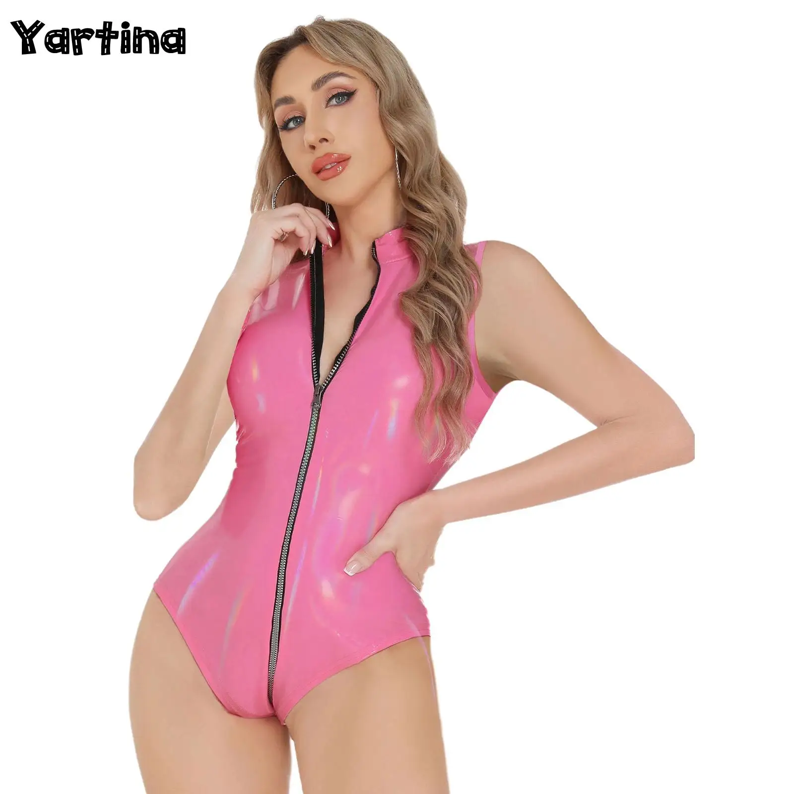 

Womens PU Leather Lingerie Latex Bodysuit Sleeveless Front Zipper Crotch Leotard Jumpsuit Metallic Wet Look Club Wear Costume