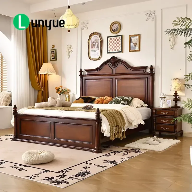 Queen Size Solid Wood Bed Frame Oak Grey Rubber Mahogany Black Walnut Finish American Style Bedroom Furniture Durable Sturdy