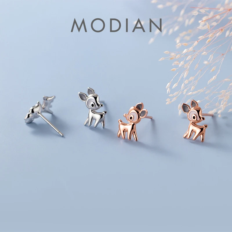 Modian 100% 925 Sterling Silver Cute Deer Stud Earrings for Women Fresh Enamel Gifts Gifts Luxury Statement Fine Silver Jewelry