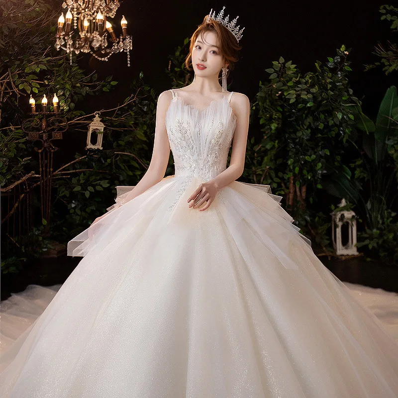 White Ball Gown Women Wedding Dresses Spaghetti Straps Sequins Tulle Bridal Gowns Formal Vestido De Noiva robe de mariée