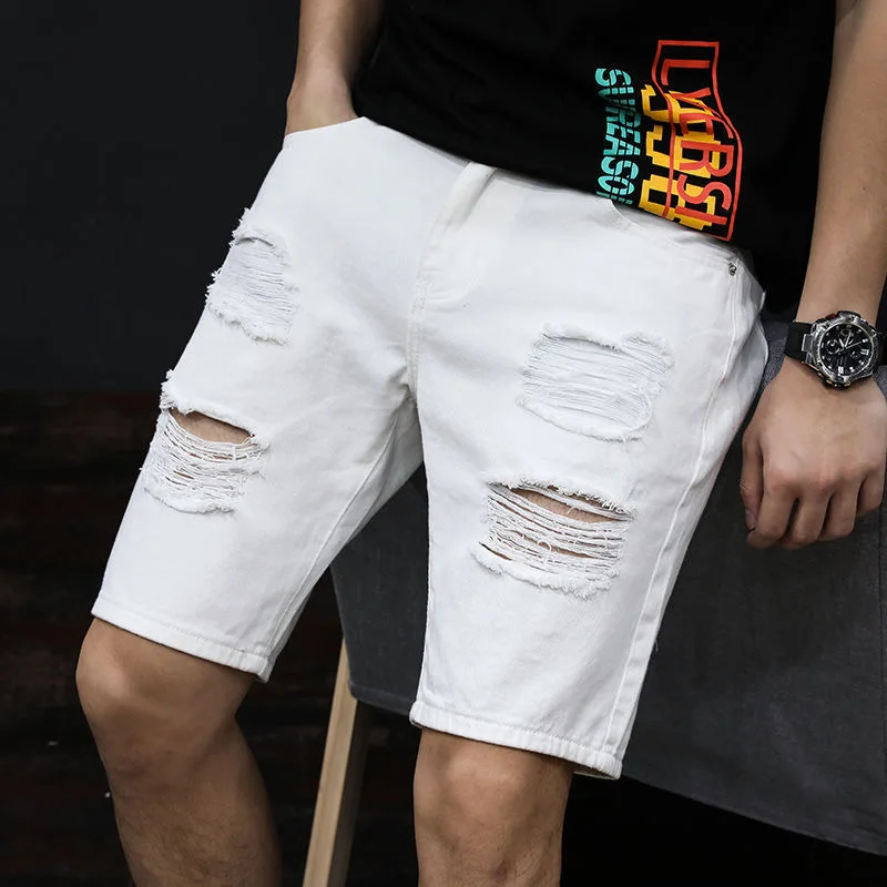 2024 Summer New Fashion Ripped Solid Color Denim Shorts Men's Casual Slim Comfortable Breathable High Quality Plus Size Shorts