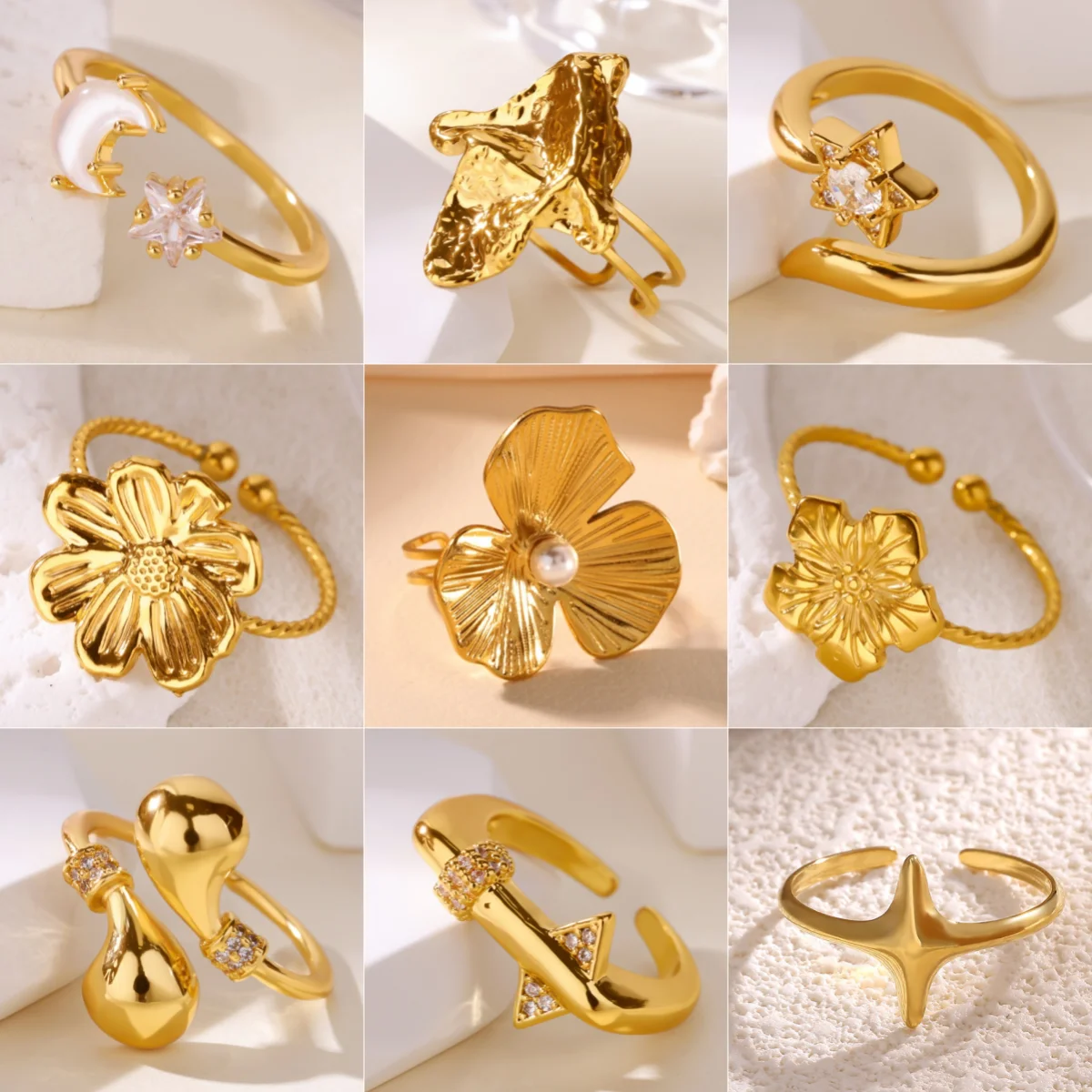 Klassischer Blumen-Damenring mit Zirkonia, vergoldeter Edelstahl, luxuriöser Stern-Schmuckring, Geschenk, kostenloser Versand