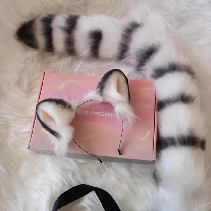 

New Handmade Work White Tiger Ears Hairhoop Tail Necklace Earrings Cosplay Kitten Lolita Acessories Hair Hoop Headwear