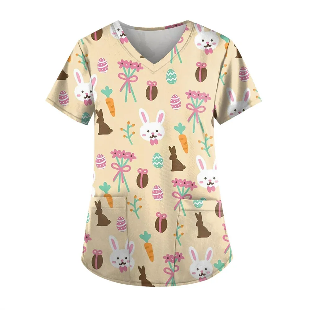 

Cartoon Rabbit Print T-shirt Tops Work Uniform Women's V-Neck With Pocket Medical Uniforms Nursing Short Sleeve Women's Clothing