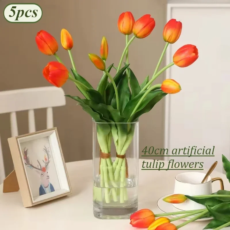 5pcs Artificial Flowers Soft Tulip Fake Flower Real Touch Home Garden Table Wedding Decoration Simulation 5-Head Tulips Bouquet