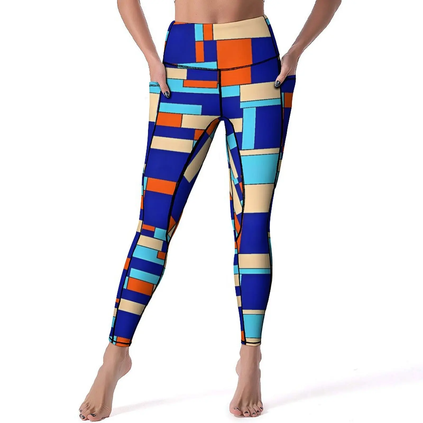 Contrast Color Leggings Sexy Blue Creams and Orange Fitness Yoga Pants Push Up Quick-Dry Sports Tights With Graphic Leggins