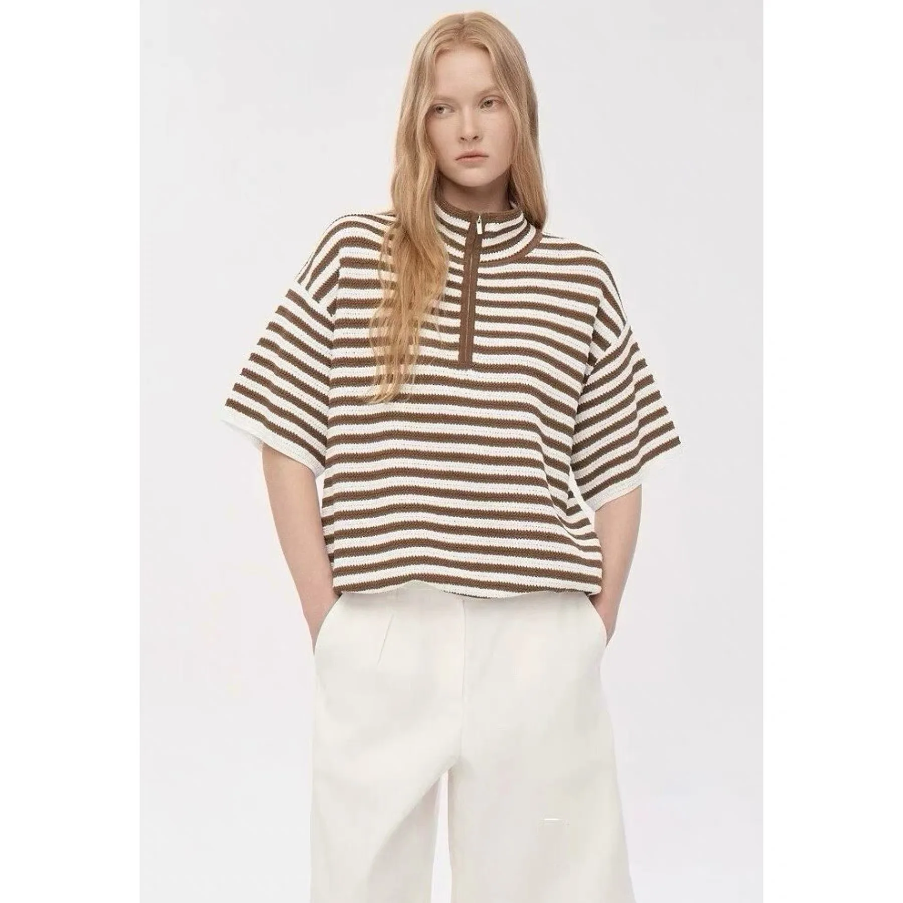 

TIM26 Summer Lemon Cheese Loose Casual Striped Shoulder Drop Sleeve Short Sleeve Knitted Sweater Women's Fashion Top