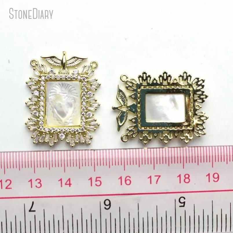 

5Pcs Gold Color Invisible Setting Clear Cubic Zirconia White Shell Heart Rectangle Point Jewelry Pendant PM43443