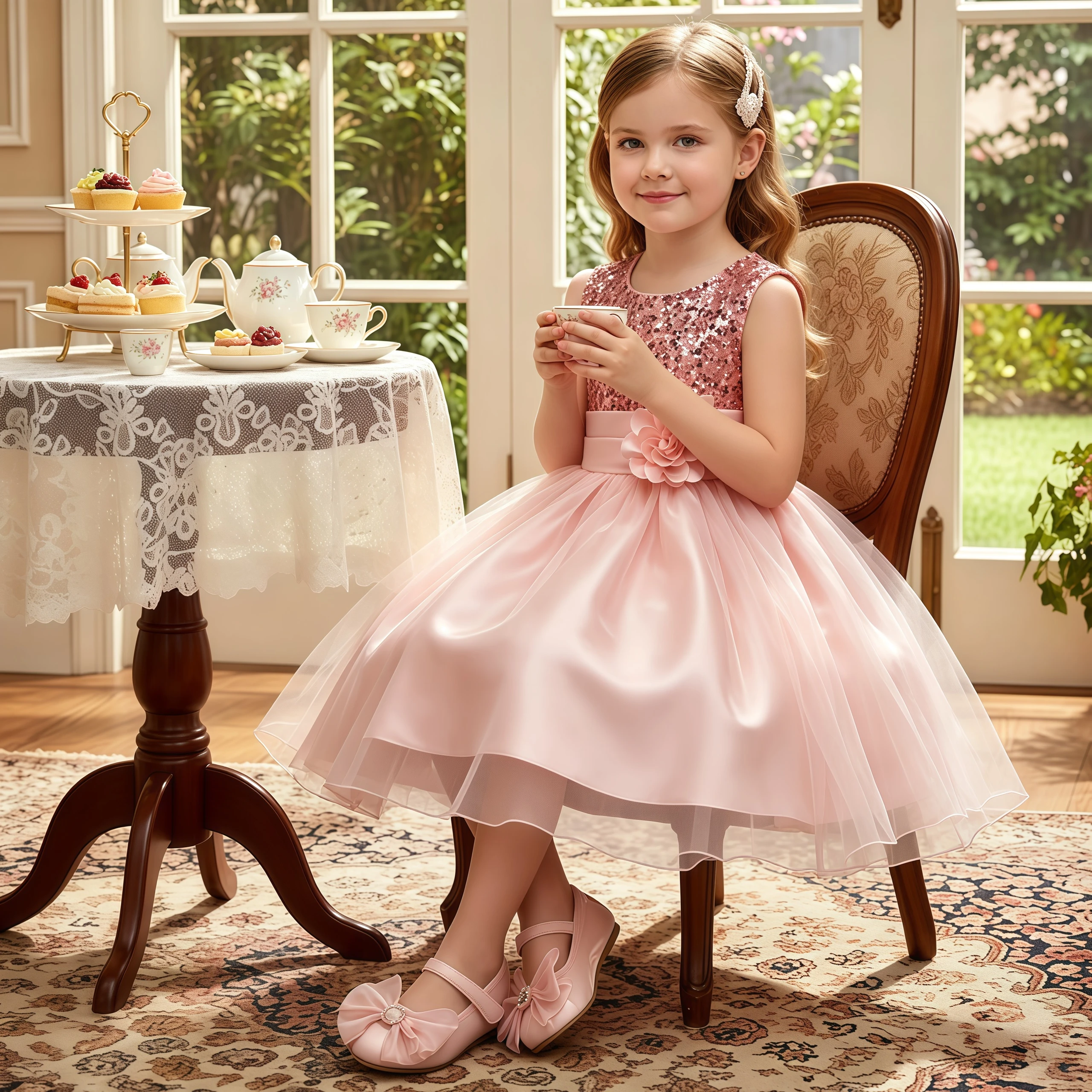 Children Girls Sleeveless Sequins Tulle Princess Dress For Flower Kids Birthday Wedding Party Pageant Communion Elegant Gown