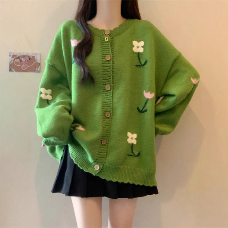 

Korean Printed Woolen Knitwear Woman Clothing Loose Buttons Cardigan Sweater Long Sleeve Knit Jacket Female Spring Autumn Coat