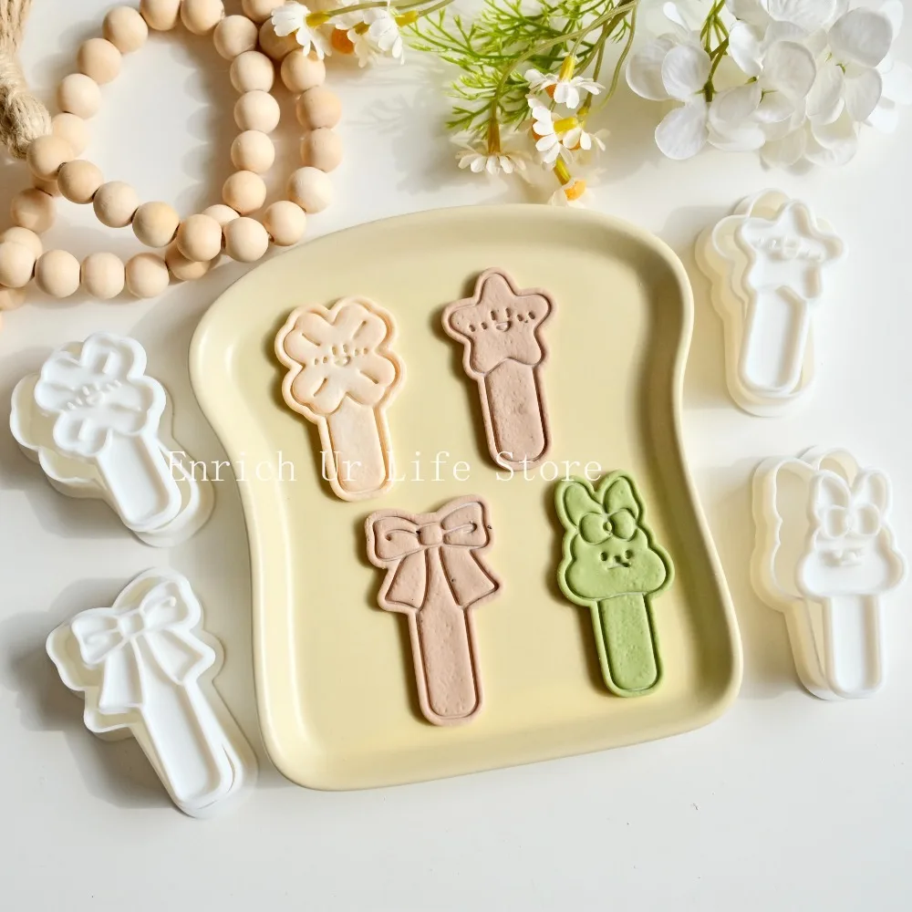 4pcs Cartoon Animal Lollipop Shaped Cookie Cutter Biscuit Mold Bow Star Rabbit Stamps Pressable Household Baking Embossing Tools