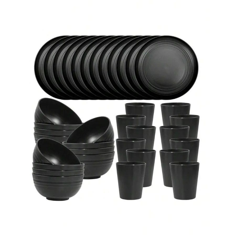 

36pcs Black Wheat Straw Dinnerware Set Of 12, Plates And Bowls Set, Plastic Plates Reusable, Black Dishwasher And Microwave Saf