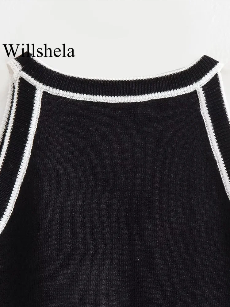 Willshela Women Fashion Black Knitted Sweater Vest Vintage O-Neck Sleeveless Female Chic Lady Tank Tops