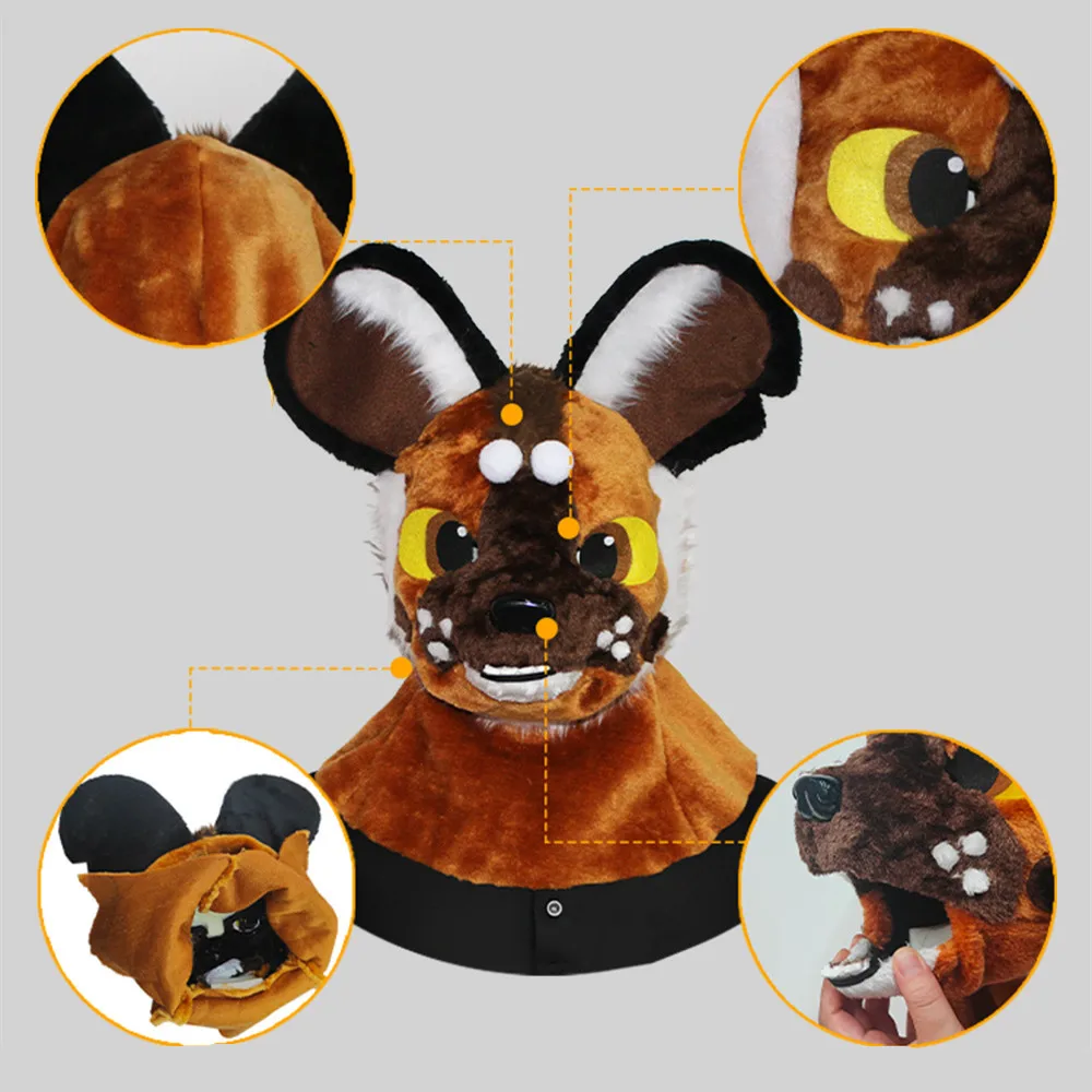 Bewegliche Mundpartie Pelzige Hundemaske Tier-Wolf Vollkopfmaske für Halloween-Party-Kostüm Damen Herren – Detail 3