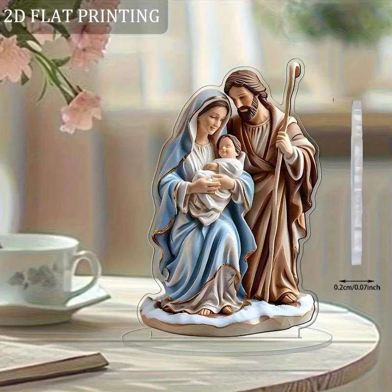 Holy Family Nativity Scene Acrylic Table Ornament 2D Printing Saint Joseph And Baby Jesus Desktop Decor For Religious Christmas