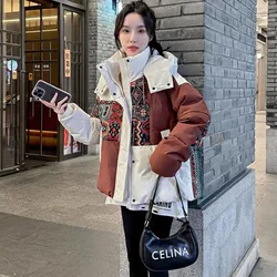 Fashion Boho Print Splice Women Parka Winter Hooded Short Down Jacket for Women Cotton Coat Windproof Warm Loose Popular Outwear