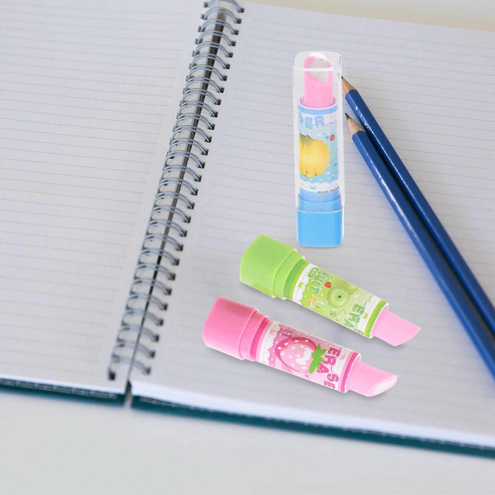 8 Pcs Korean Lipstick Cartoon Eraser Cute Kids Stationery Fruit Pattern Novelty Student Use