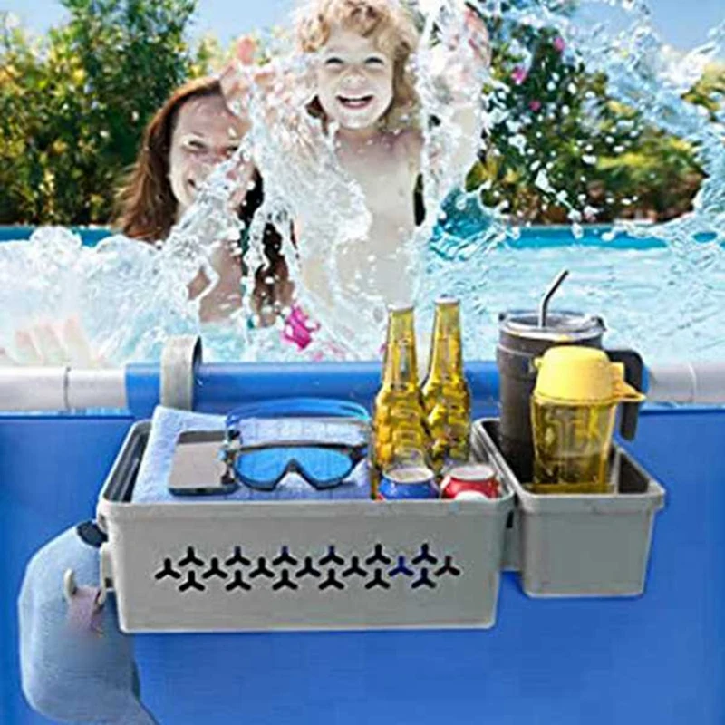 Poolside Storage With Pool Cup Holder, Pool Basket, For Above Ground Pool Accessories, Poolside Bracket For Framed Pools