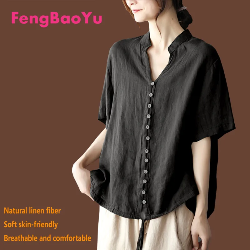 Fengbaoyu Original Design Flax Spring Summer Ladies Short-sleeved Shirt Solid Color Shirt 4XL Rope Casual Blouse Free Shipping