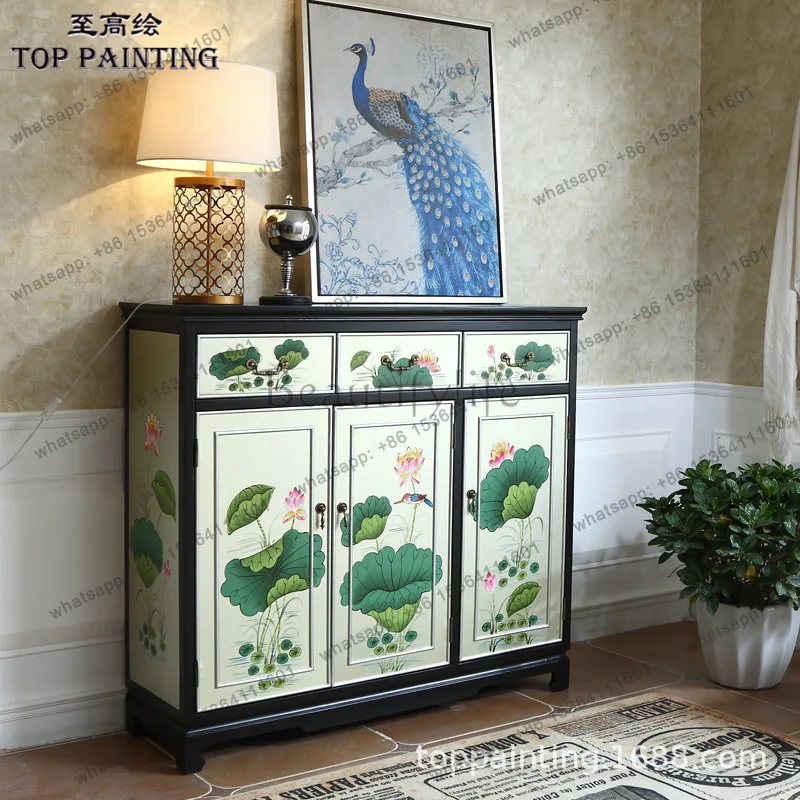 New Chinese solid wood painted lotus classical entrance cabinet screen partition cabinet