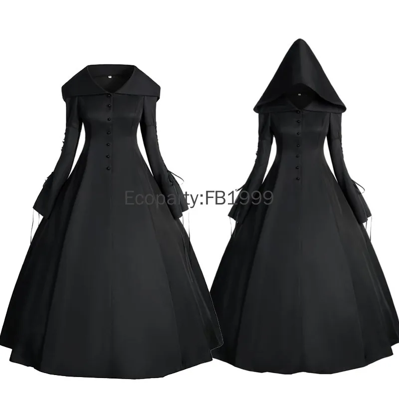 

New Medieval Vintage Gothic Hooded Dress for Women Black Long Sleeve Back Strap A-line Dresses Halloween Masquerade Costume Gown