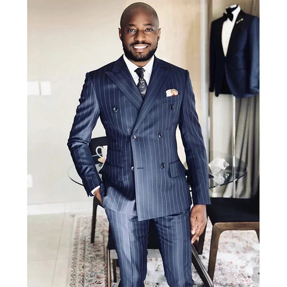 

Men's Formal Pinstripe 3 Piece Suits Regular Fit Peak Lapel Tuxedo Blazer Vest Pant Set for Wedding Business High Quality