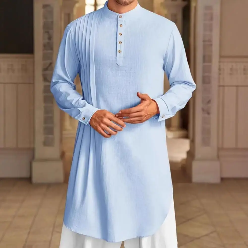 Men's Cotton Linen Kaftan Robe – Long Sleeve Button-Up Thobe for Prayer, Casual & Arabic Style | Breathable & Comfortable